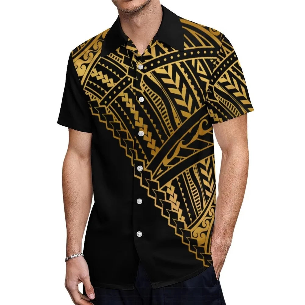 Polynesian Tribal Hawaiian Tropical Island Pattern Printed Half Style Black Short Sleeve Shirt
