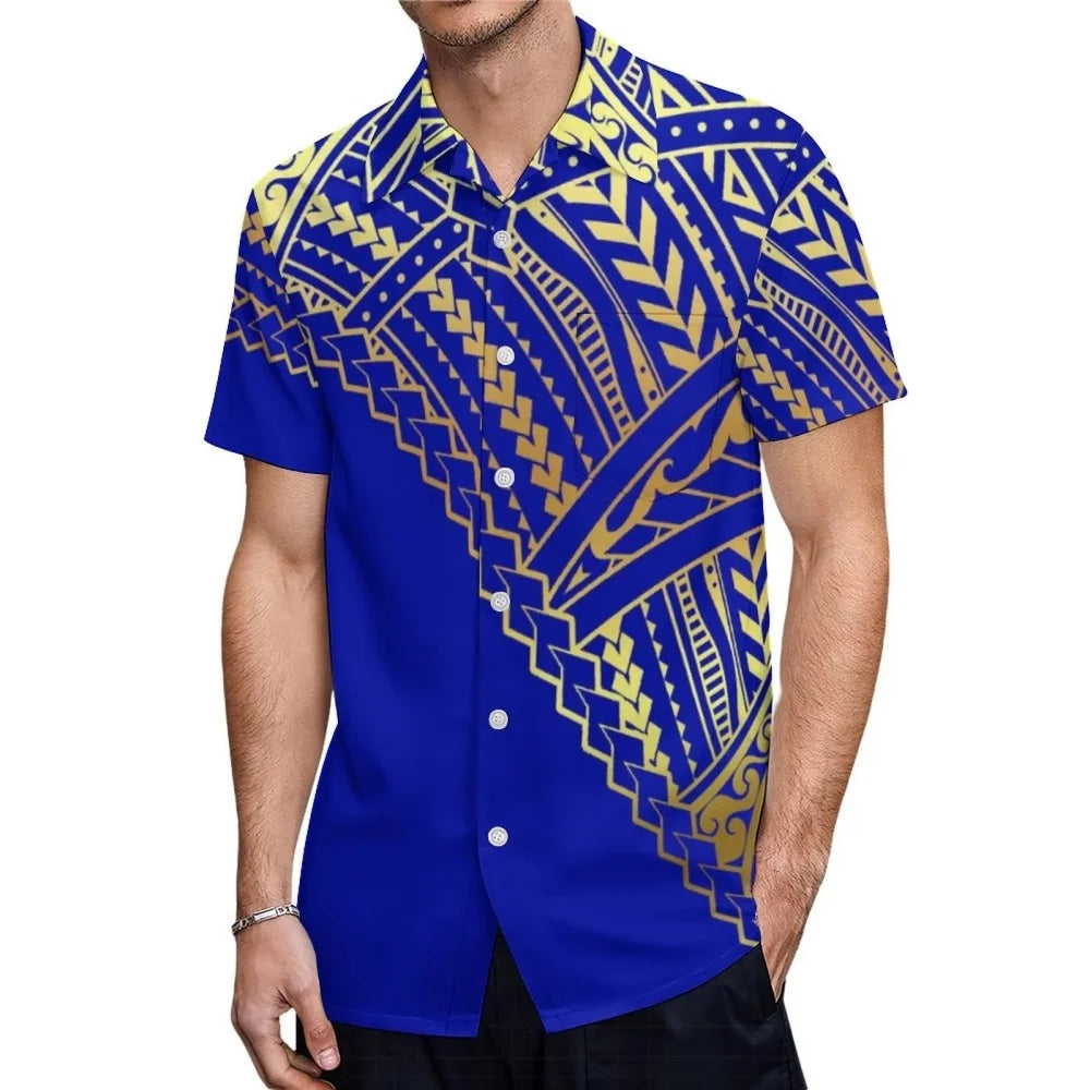 Polynesian Tribal Hawaiian Tropical Island Pattern Printed Half Style Blue Short Sleeve Shirt