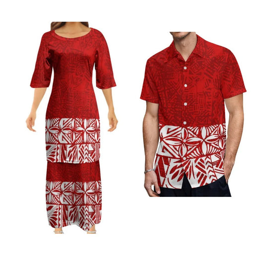 Red Polynesian Tribal Pattern Printed Matching Outfit Couple Set  Women's Dress Men's Shirt