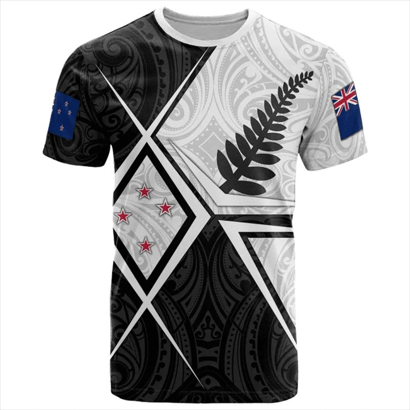 New Zealand Map Flag Shirt NZ Silver Fern Polynesian Pattern Unisex Black Tee Shirt