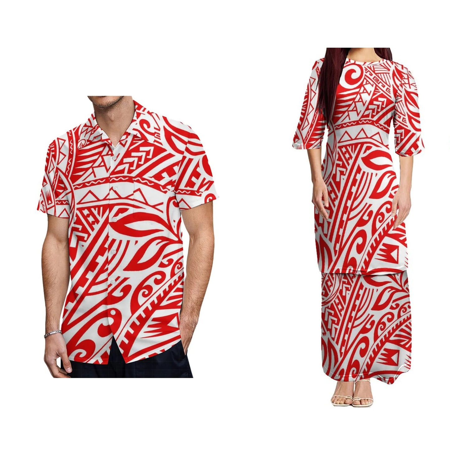 Polynesian Tribal Puletasi Dress And Hawaiian Shirt For Him Her Polynesian Pattern Matching Outfit For Couple