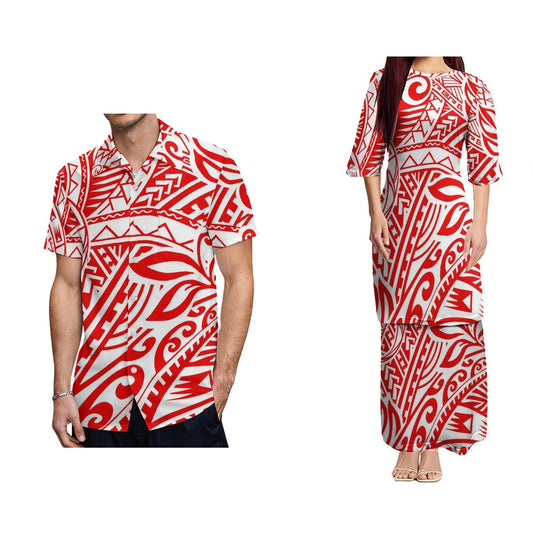 Polynesian Tribal Puletasi Dress And Hawaiian Shirt For Him Her Polynesian Pattern Matching Outfit For Couple