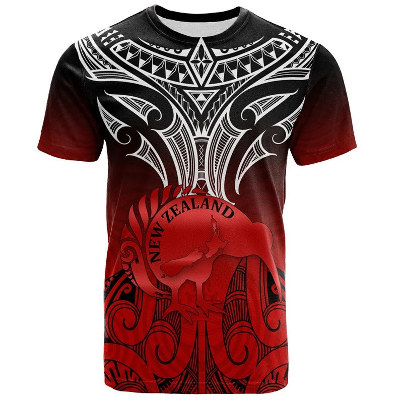 New Zealand Maori Shirt Aotearoa Silver Fern Symbols Tattoo Kiwi Bird Print Red T Shirt NZ Waitangi Day Tee