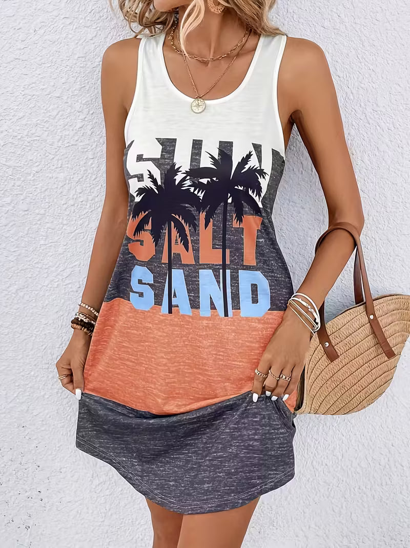 Sun Salt Sand Round Neck High Stretch Dress Tropical Tank Dress Beach Women's Clothing