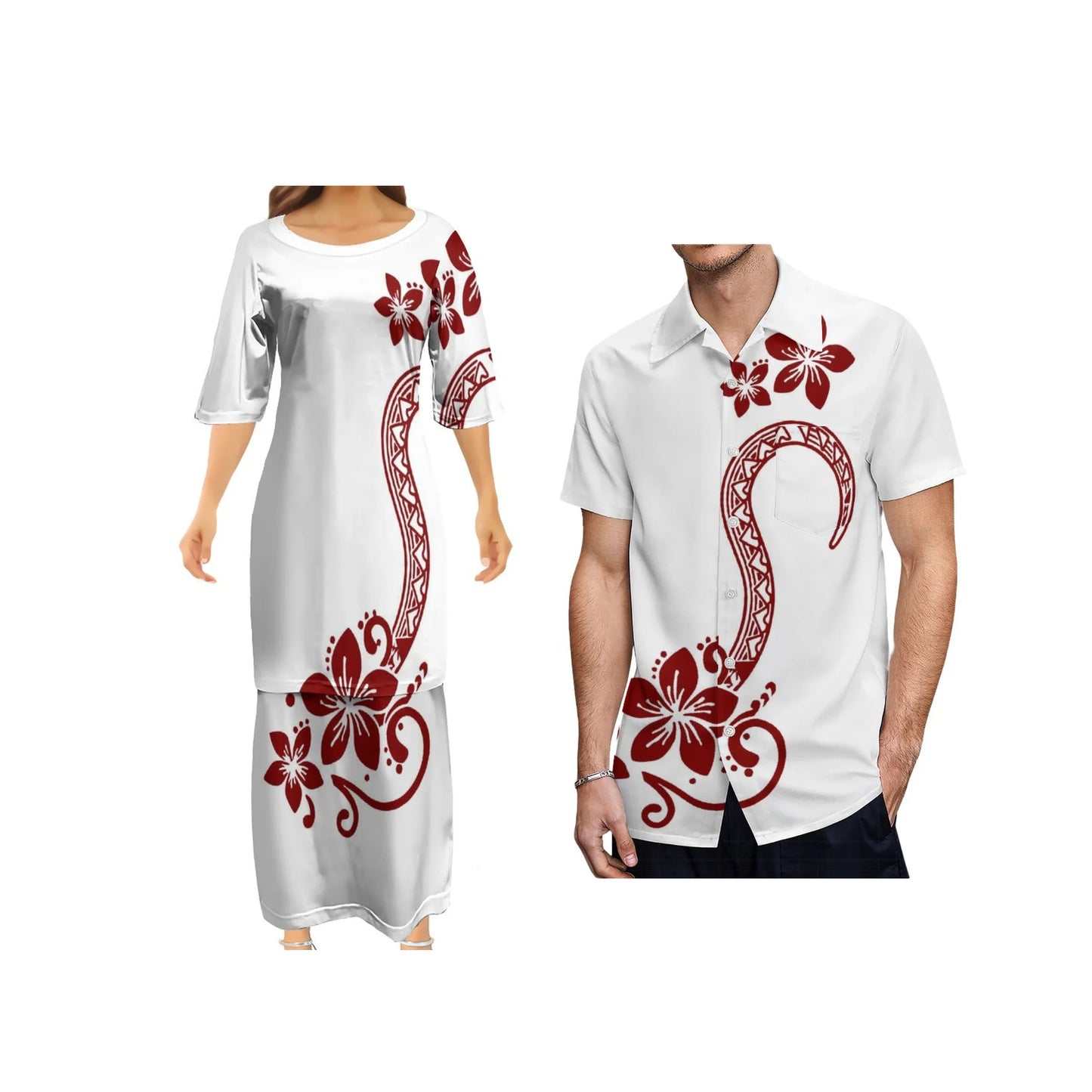 Polynesian Traditional White Puletasi Dress Two-Piece Polynesian Tribal Matching Pair Outfit Matching Hawaiian Men's Shirt