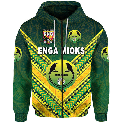 ( Personalised) Papua New Guinea Enga Mioks Zip Hoodie Rugby Original Style Green, Text And Number