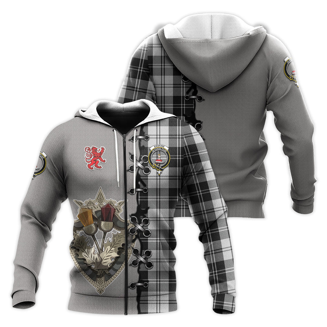 Printivon Erskine Black And White Tartan Hoodie Lion Rampant And Celtic Thistle Style