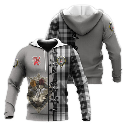 Printivon Erskine Black And White Tartan Hoodie Lion Rampant And Celtic Thistle Style