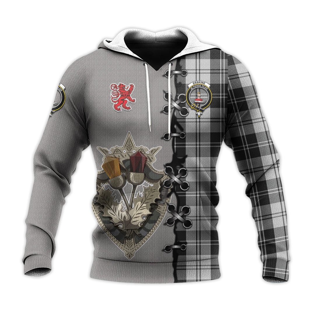 Printivon Erskine Black And White Tartan Hoodie Lion Rampant And Celtic Thistle Style
