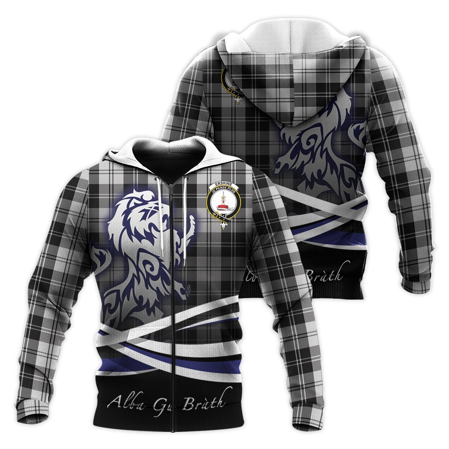 Printivon Erskine Black And White Tartan Scottish Lion Hoodie