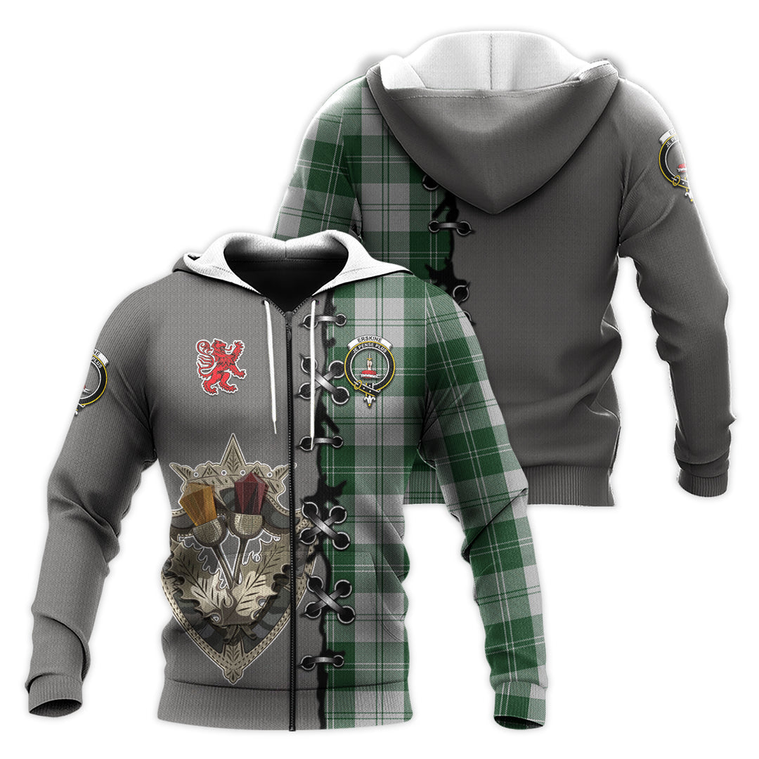 Printivon Erskine Green Tartan Hoodie Lion Rampant And Celtic Thistle Style