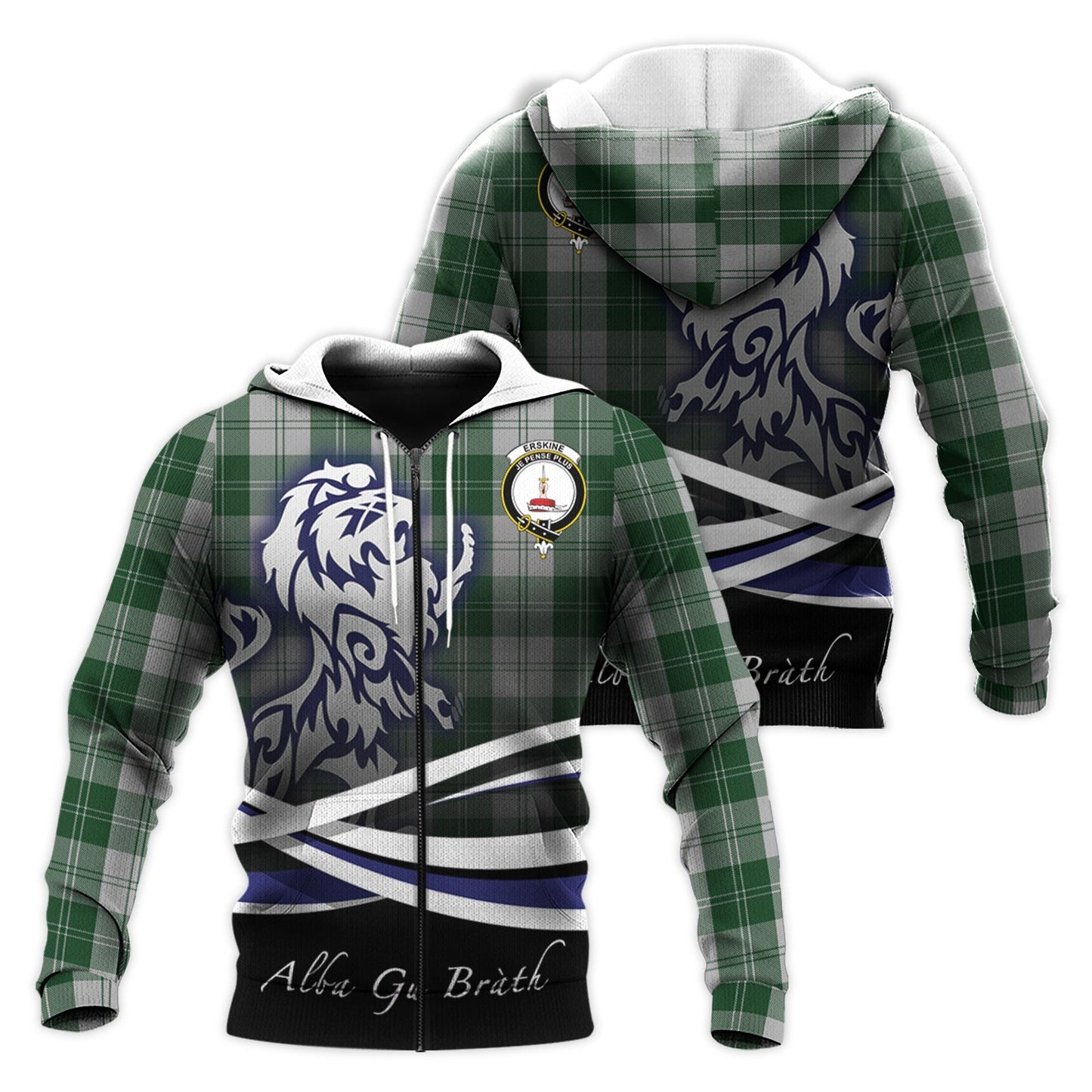 Printivon Erskine Green Tartan Scottish Lion Hoodie