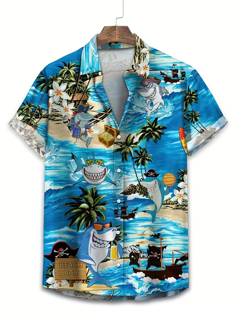 Shark Flowers Tropical Pattern Print Men's Hawaiian Shirt Tropical Beach Short Sleeve Button Printed Shirt For Him
