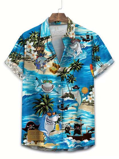 Shark Flowers Tropical Pattern Print Men's Hawaiian Shirt Tropical Beach Short Sleeve Button Printed Shirt For Him