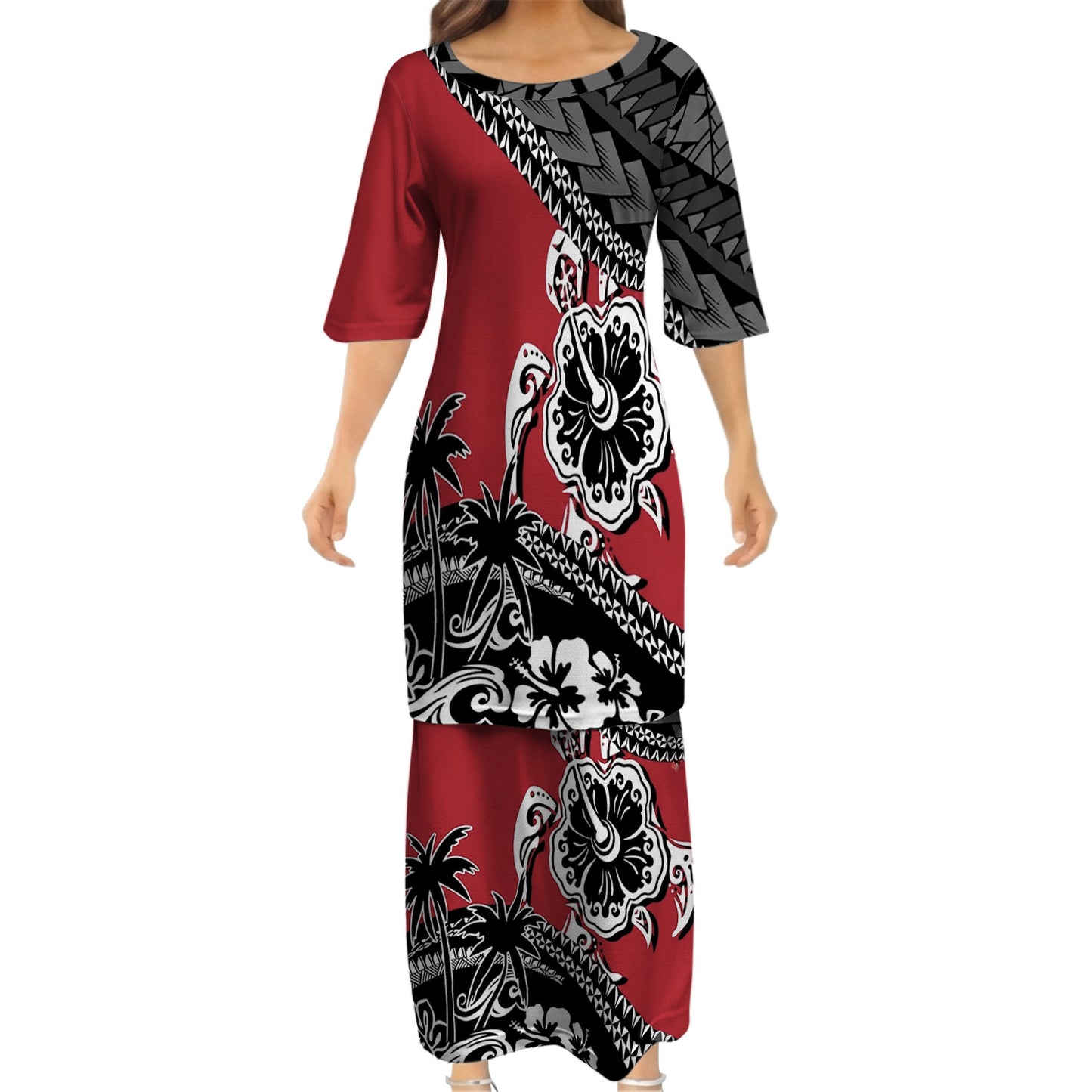 Polynesian Turtle Hibiscus Flowers Pattern Matching Outfit For Couple Island Puletasi Dress And Hawaiian Shirt For Her Him