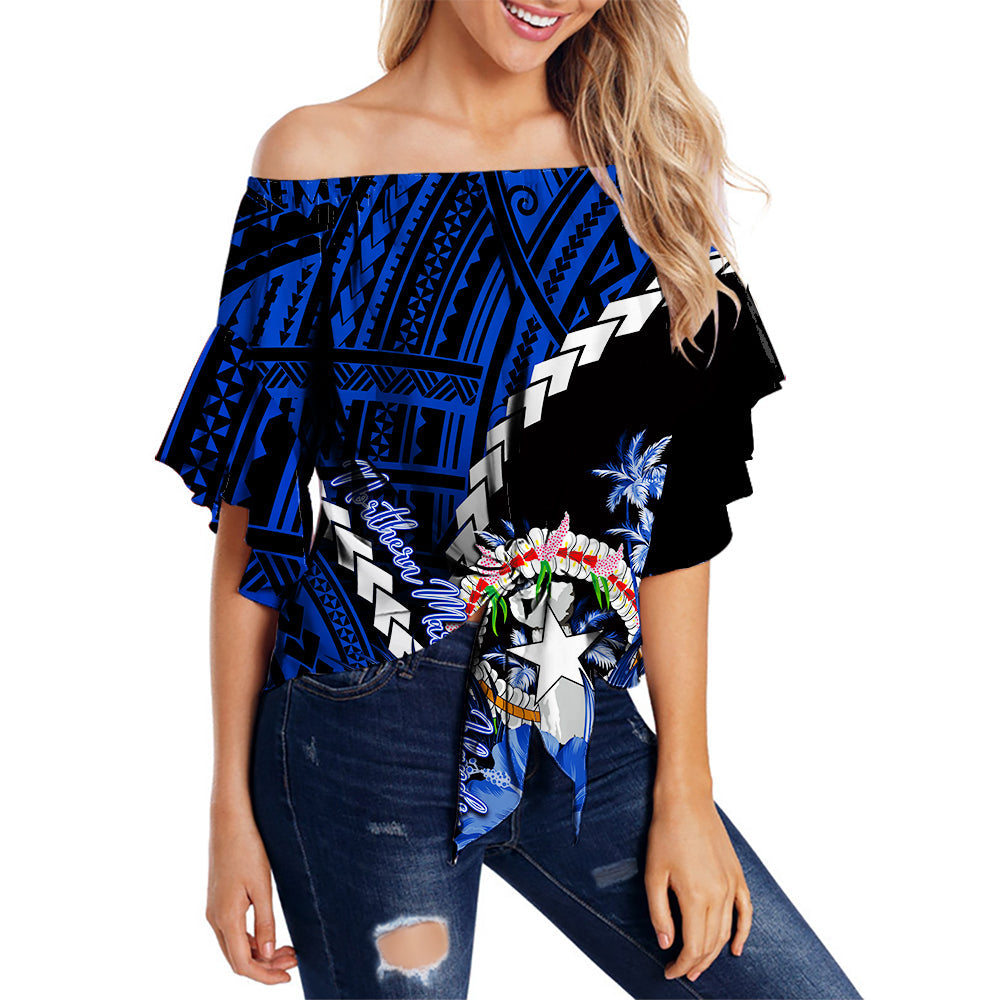 Northern Mariana Islands Off Shoulder Waist Wrap Top Polynesian Style Blue Color