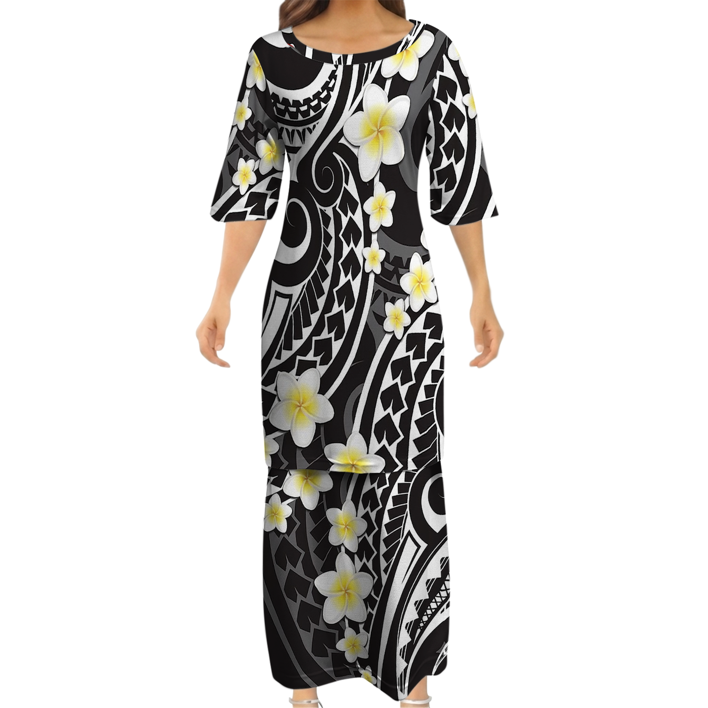 Polynesian Tribal Plumeria Flowers Matching Outfit For Couple Island Puletasi Dress And Hawaiian Shirt For Her Him