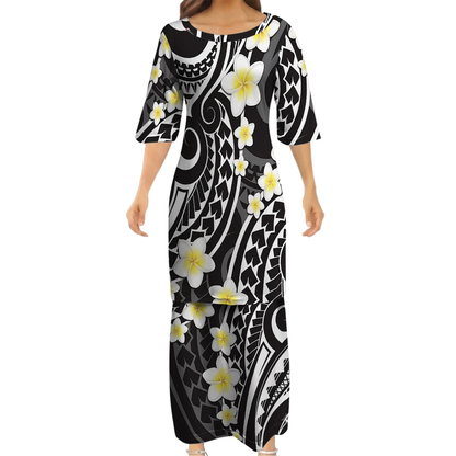 Polynesian Tribal Plumeria Flowers Matching Outfit For Couple Island Puletasi Dress And Hawaiian Shirt For Her Him