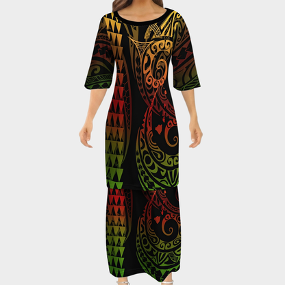 Reggae Island Polynesian Tribal Pattern Matching Outfit For Couple Tropical Island Puletasi Dress Man Shirt For Her Him