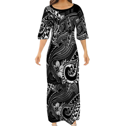 Polynesian Tribal Hammer Shark Pattern Black Matching Outfit For Couple Island Puletasi Dress And Hawaiian Shirt For Her Him