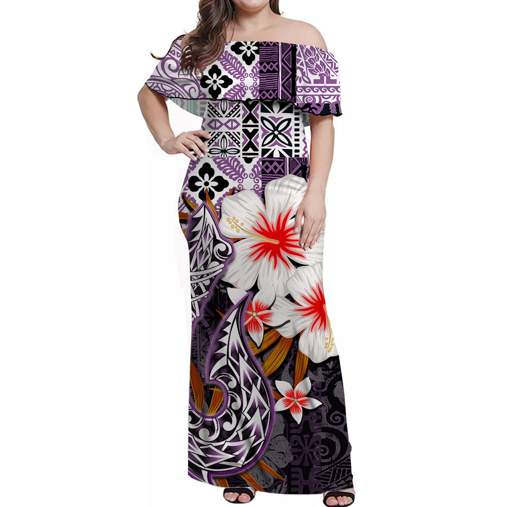 Hawaii Fish Hook Off Shoulder Long Dress Purple Style