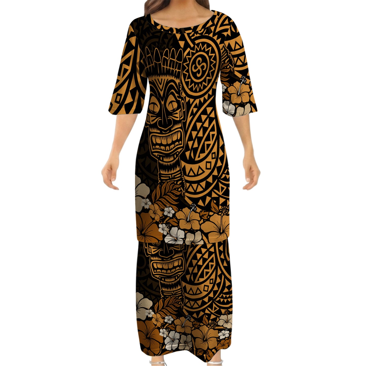 Polynesian Flowers Tiki Mask Pattern Matching Outfit For Couple Island Puletasi Dress And Hawaiian Shirt For Her Him