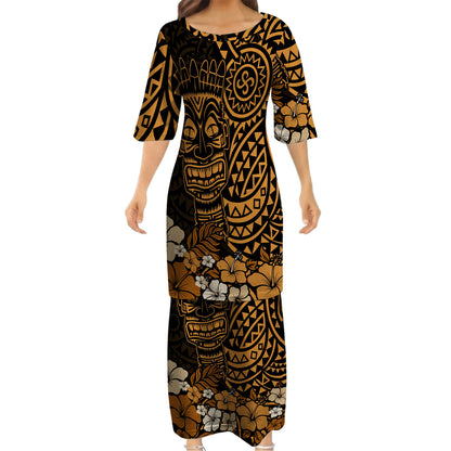 Polynesian Flowers Tiki Mask Pattern Matching Outfit For Couple Island Puletasi Dress And Hawaiian Shirt For Her Him