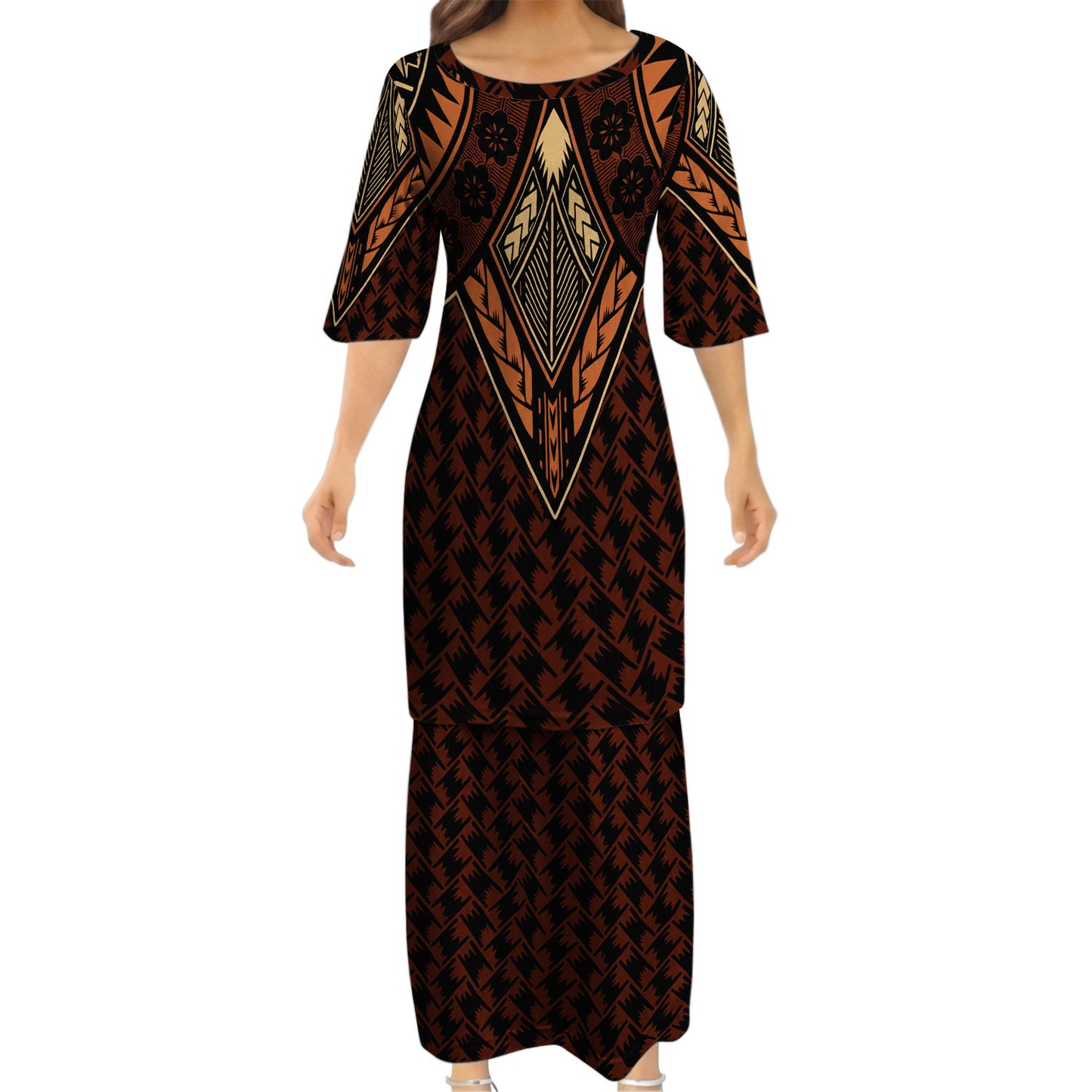 Vintage Polynesian Tribal Pattern Matching Outfit For Couple Island Puletasi Dress And Hawaiian Shirt For Her Him