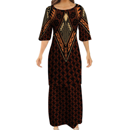 Vintage Polynesian Tribal Pattern Matching Outfit For Couple Island Puletasi Dress And Hawaiian Shirt For Her Him