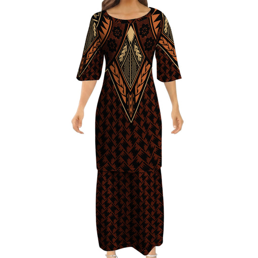 Vintage Polynesian Tribal Pattern Matching Outfit For Couple Island Puletasi Dress And Hawaiian Shirt For Her Him