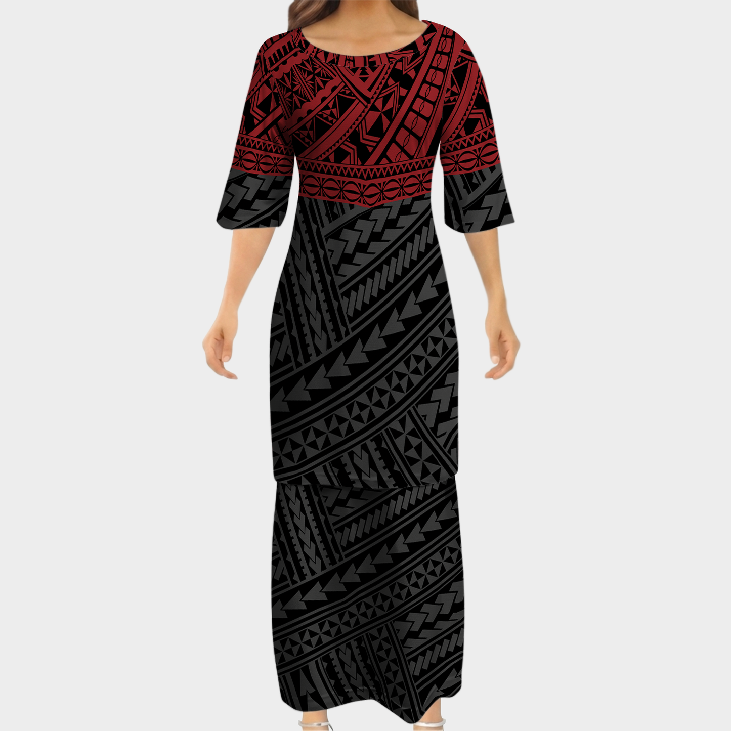 Polynesian Tribal Pattern Red Matching Outfit For Couple Tropical Island Puletasi Dress Man Shirt For Her Him