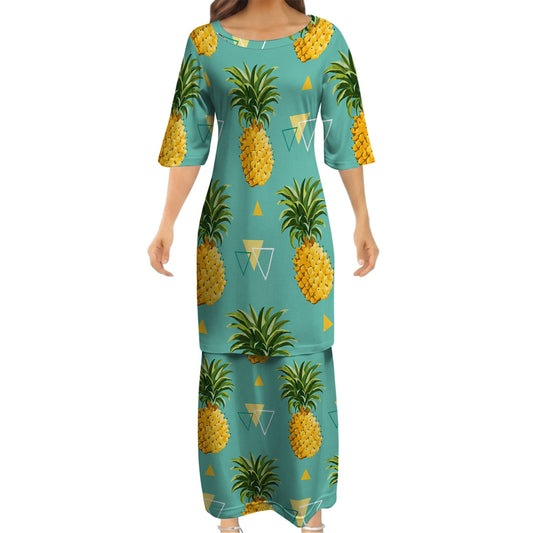 Vintage Polynesian Pineapple Tropical Island Puletasi Dress And Hawaiian Shirt For Her Him
