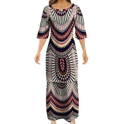 Vintage Pattern Matching Outfit For Couple Island Puletasi Dress And Hawaiian Shirt For Her Him