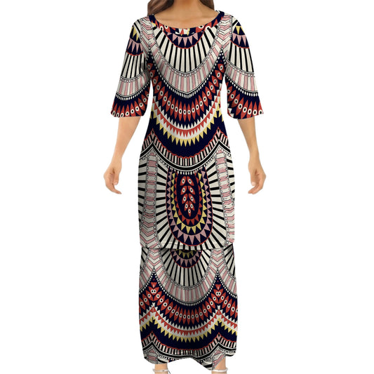 Vintage Pattern Matching Outfit For Couple Island Puletasi Dress And Hawaiian Shirt For Her Him