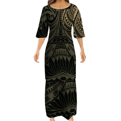 Vintage Polynesian Tribal Black Tropical Island Puletasi Dress And Hawaiian Shirt For Her Him