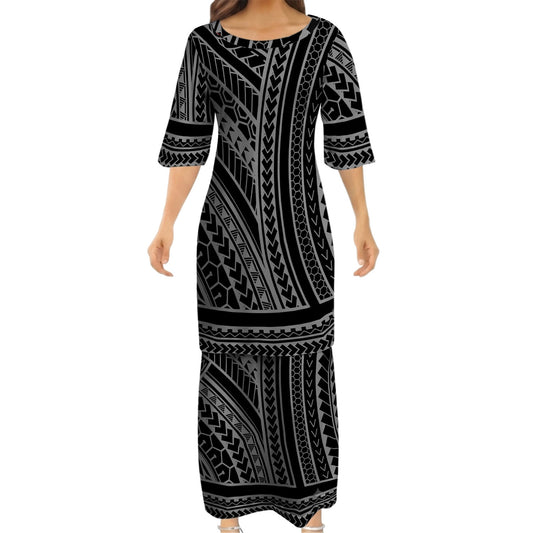 Polynesian Tribal Pattern Printed Black Matching Outfit For Couple Island Puletasi Dress And Hawaiian Shirt For Her Him