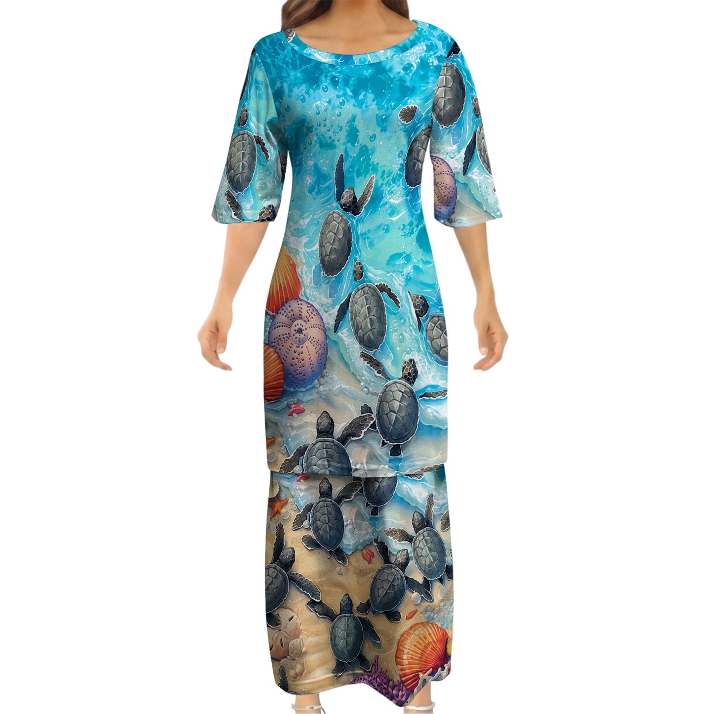 Polynesian Sea Turtle Matching Outfit For Couple Island Puletasi Dress And Hawaiian Shirt For Her Him