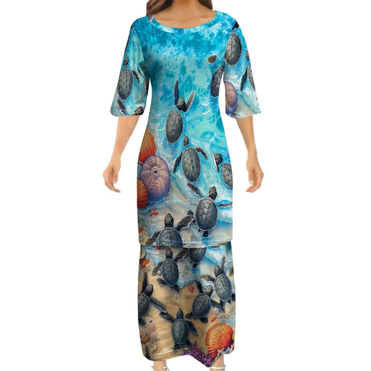 Polynesian Sea Turtle Matching Outfit For Couple Island Puletasi Dress And Hawaiian Shirt For Her Him