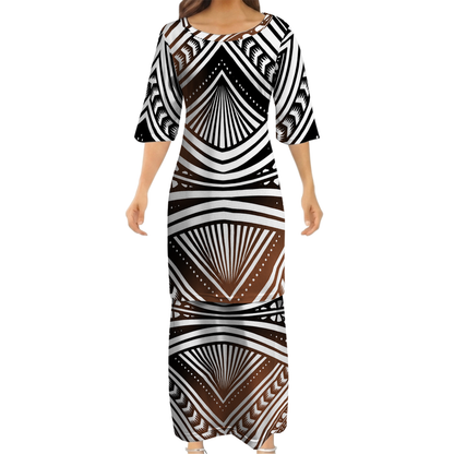 Polynesian Tribal Pattern Matching Outfit For Couple Island Puletasi Dress And Hawaiian Shirt For Her Him