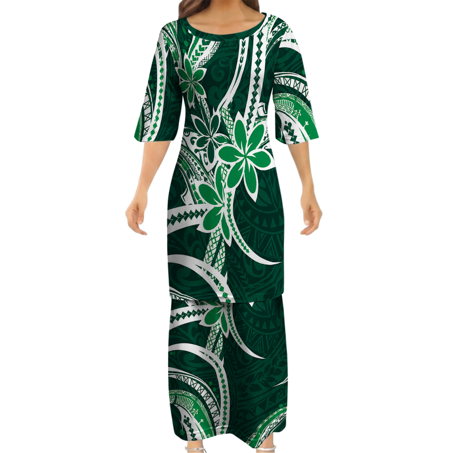 Polynesian Tribal Flowers Pattern Matching Outfit For Couple Island Puletasi Dress And Hawaiian Shirt For Her Him