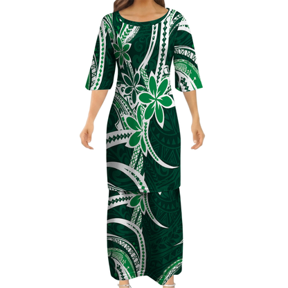 Polynesian Tribal Flowers Pattern Matching Outfit For Couple Island Puletasi Dress And Hawaiian Shirt For Her Him