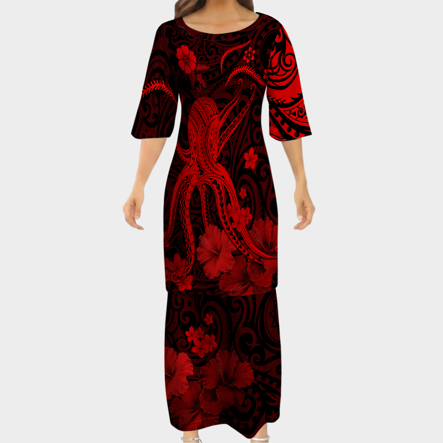 Polynesia Red Octopus Matching Outfit For Couple Tropical Island Puletasi Dress Man Shirt For Her Him