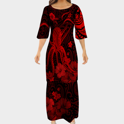 Polynesia Red Octopus Matching Outfit For Couple Tropical Island Puletasi Dress Man Shirt For Her Him