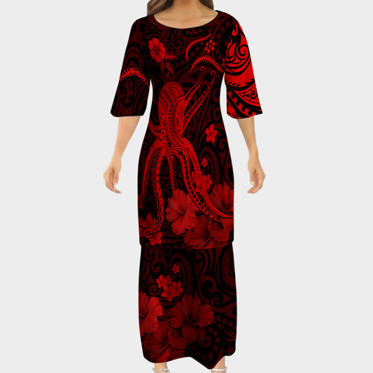 Polynesia Red Octopus Matching Outfit For Couple Tropical Island Puletasi Dress Man Shirt For Her Him
