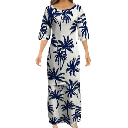 Polynesian Coconut Tree White Matching Outfit For Couple Island Puletasi Dress And Hawaiian Shirt For Her Him