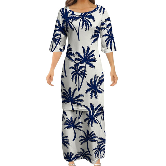 Polynesian Coconut Tree White Matching Outfit For Couple Island Puletasi Dress And Hawaiian Shirt For Her Him