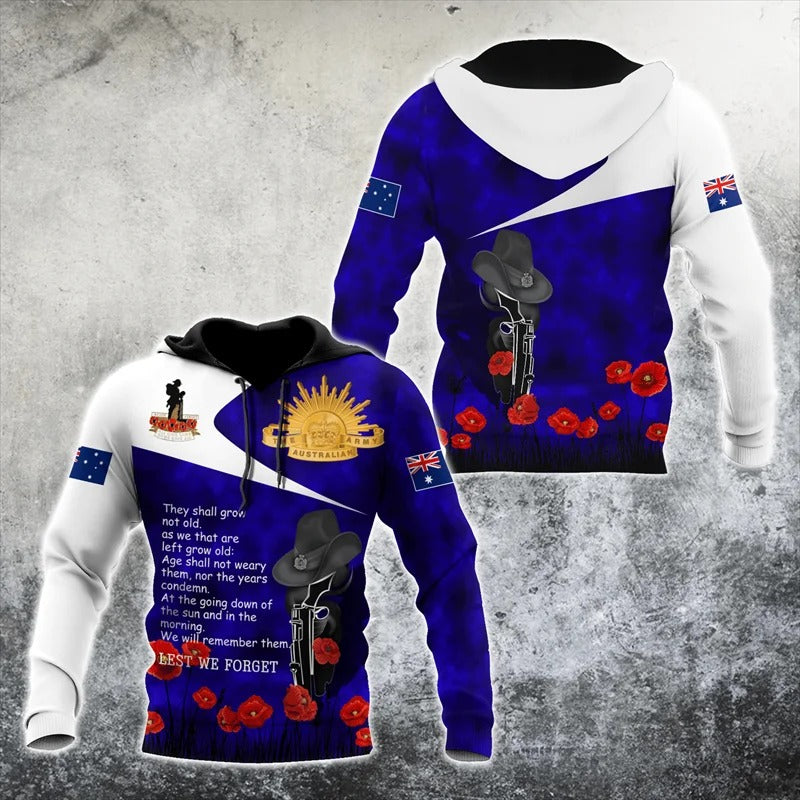 New Zealand Flag Hoodie NZ Flag Lest We Forget Soldier Silhouette Anzac Day Blue Hoodie