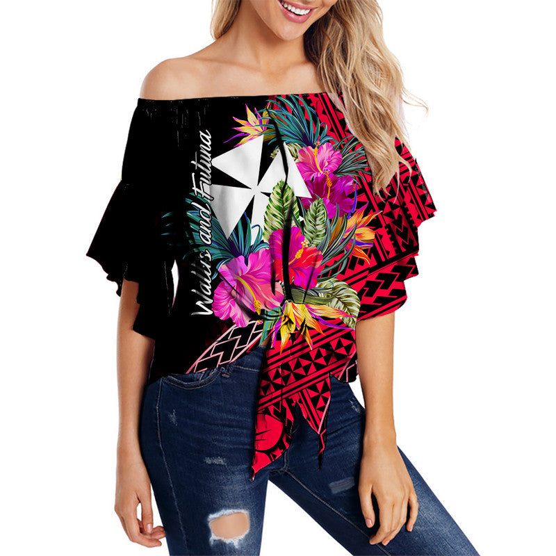 Wallis and Futuna Off Shoulder Waist Wrap Top Hibiscus Red No.1 Color