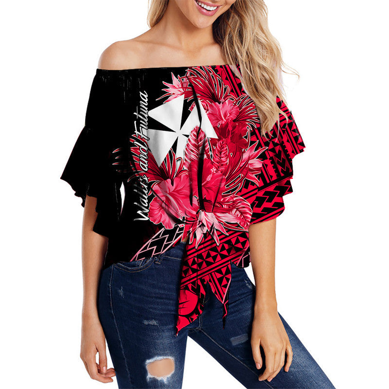 Wallis and Futuna Off Shoulder Waist Wrap Top Hibiscus Red No.2 Color