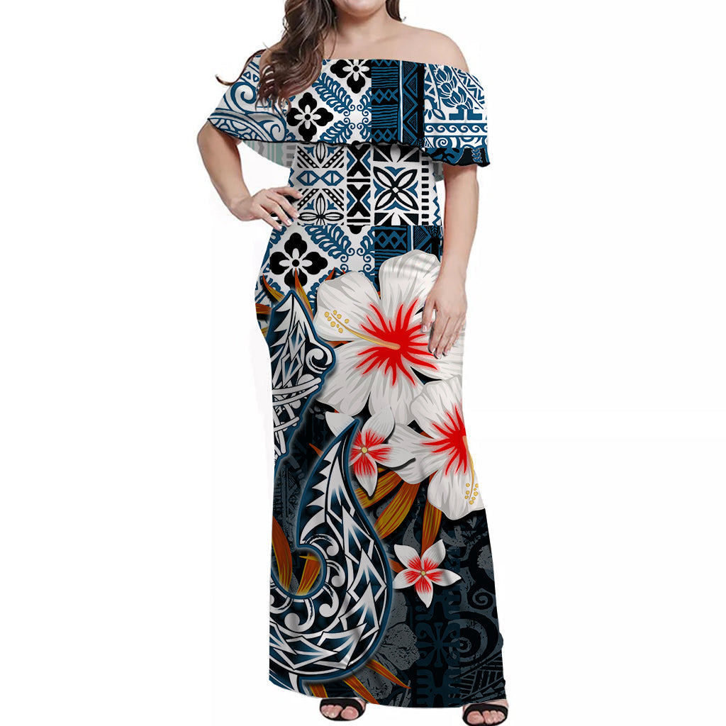 Hawaii Fish Hook Off Shoulder Long Dress Blue Style